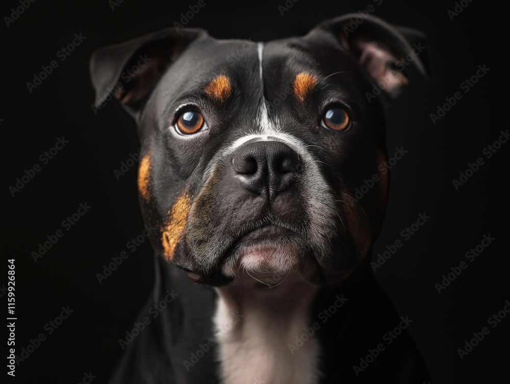 Close-up of alert black and tan dog against dark background Close-up of alert black and tan dog against dark background