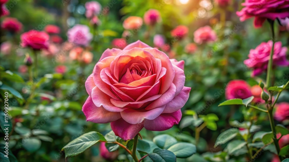 A beautiful rose flower with dark green leaves and stems in a garden setting surrounded by other flowers and trees , rose flower, botanical A beautiful rose flower with dark green leaves and stems in a garden setting surrounded by other flowers and trees , rose flower, botanical