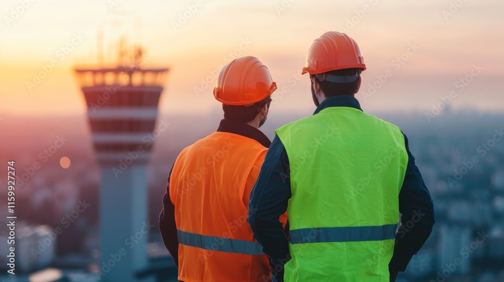 Aviation Crew in Safety Gear Discussing Logistics at Sunset Overlooking Cityscape and Control Tower Aviation Crew in Safety Gear Discussing Logistics at Sunset Overlooking Cityscape and Control Tower