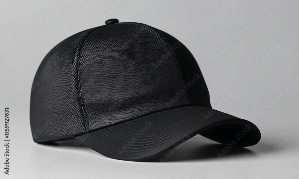 A sleek black cap with a structured design and mesh fabric. A sleek black cap with a structured design and mesh fabric.