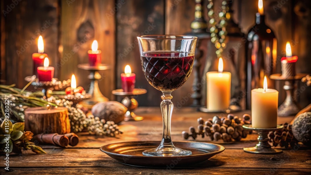A glass of red wine in a goblet-style cup with a stem and a bowl, placed on a wooden table surrounded by candles and a few decorative elements, table setting, luxurious A glass of red wine in a goblet-style cup with a stem and a bowl, placed on a wooden table surrounded by candles and a few decorative elements, table setting, luxurious