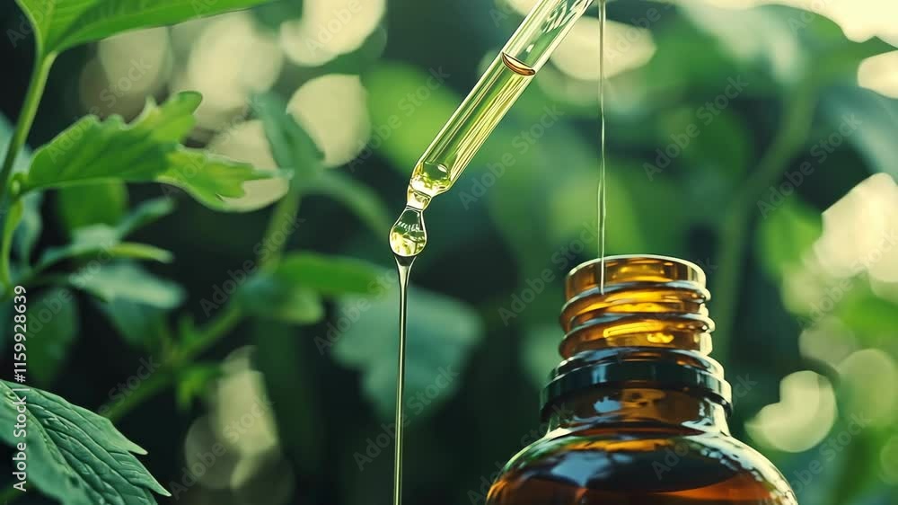 Botanical oil being extracted with a dropper in a lush garden setting during daylight hours