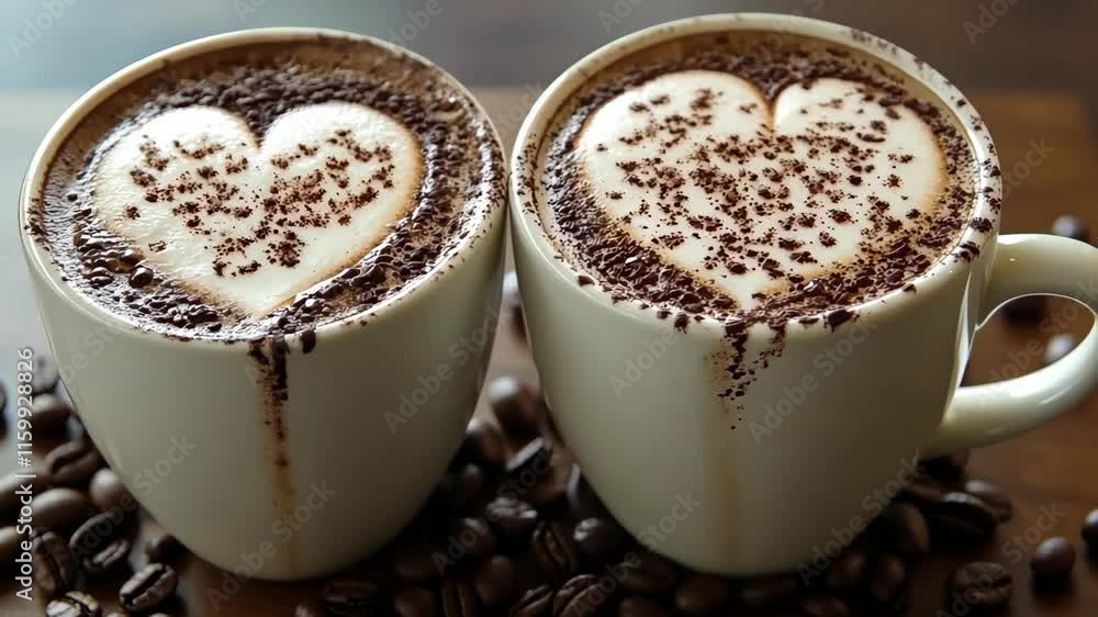 Delicious coffee cups with heart-shaped foam and chocolate sprinkles on wooden table Delicious coffee cups with heart-shaped foam and chocolate sprinkles on wooden table