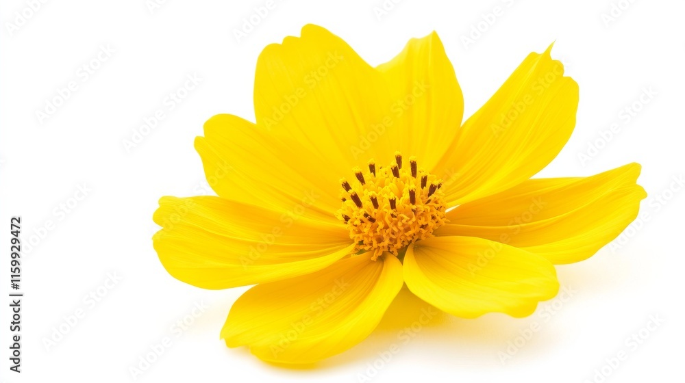 A close-up of a vivid yellow cosmos with its delicate, petal-like florets and bright color, isolated white background A close-up of a vivid yellow cosmos with its delicate, petal-like florets and bright color, isolated white background