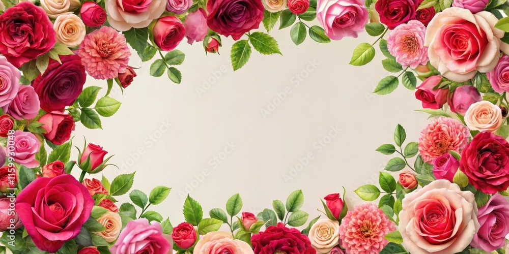 Floral pattern featuring a lush arrangement of vibrant pink and red roses in a whimsical floral border , roses, bouquet Floral pattern featuring a lush arrangement of vibrant pink and red roses in a whimsical floral border , roses, bouquet