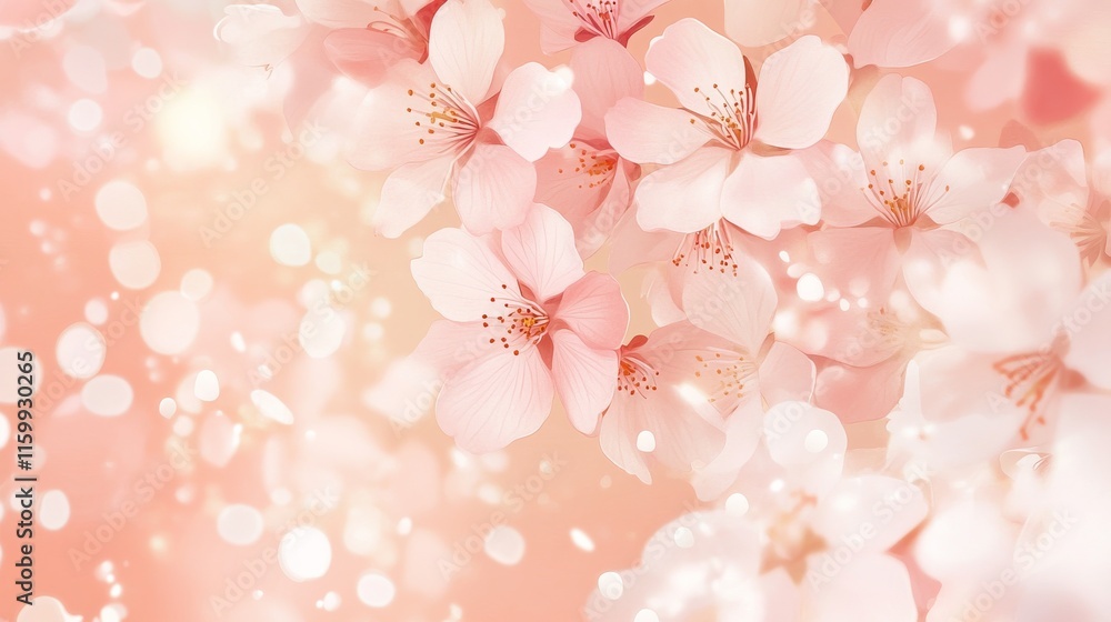 Fototapeta premium A cluster of delicate cherry blossoms in shades of soft pink, with slender petals fluttering like confetti, against a pale peach background reminiscent of a spring sunrise
