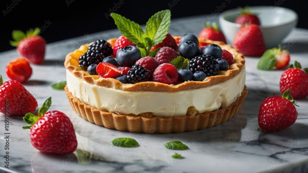 A delicious berry tart with a creamy filling, garnished with fresh mint on a marble surface. A delicious berry tart with a creamy filling, garnished with fresh mint on a marble surface.