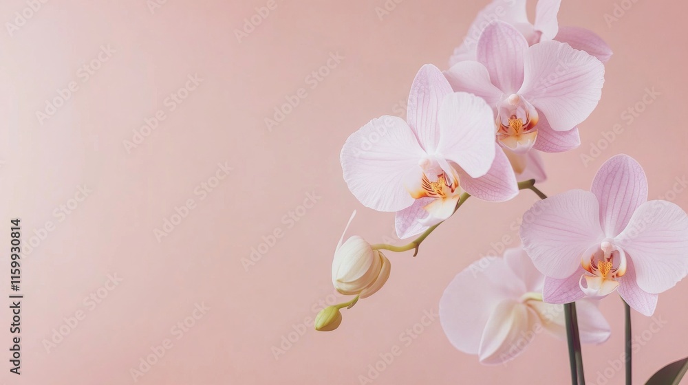 Obraz premium A delicate light lavender orchid against a pale coral background, angled close-up shot, Minimalist style