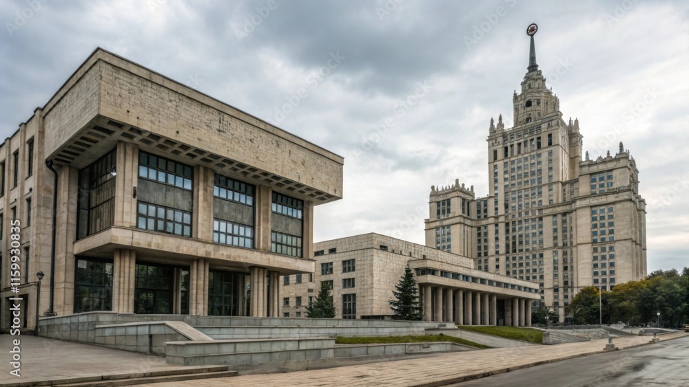 Fototapeta premium Soviet Era Architecture: A blend of imposing Brutalist structures and timeless classic designs, showcasing the austere yet monumental aesthetics of a distinct historical period.