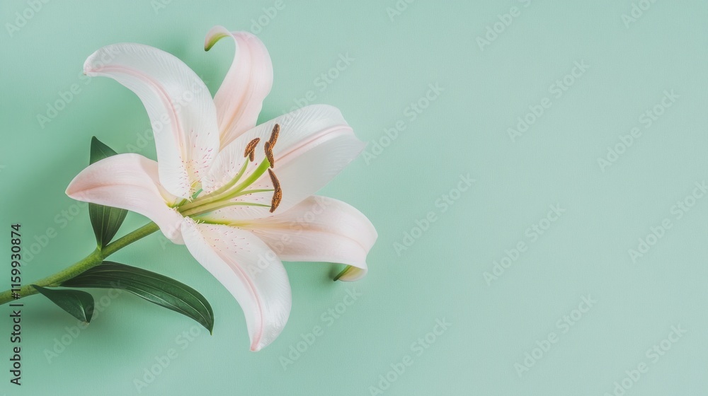 Fototapeta premium A delicate pale pink lily against a soft mint green background, close-up top view, Minimalist style