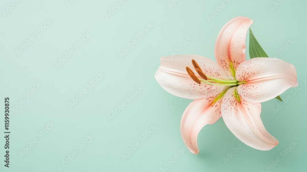 A delicate pale pink lily against a soft mint green background, close-up top view, Minimalist style A delicate pale pink lily against a soft mint green background, close-up top view, Minimalist style