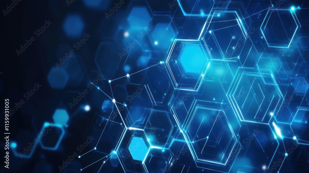 Abstract digital design featuring interconnected hexagons and glowing elements. Abstract digital design featuring interconnected hexagons and glowing elements.