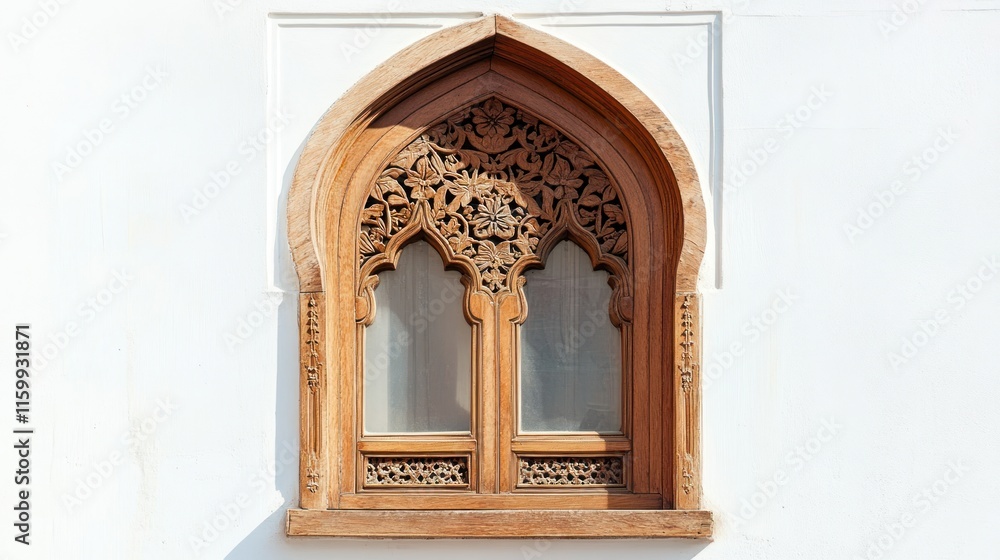 Fototapeta premium Ornate wooden window with intricate carvings on a white wall.