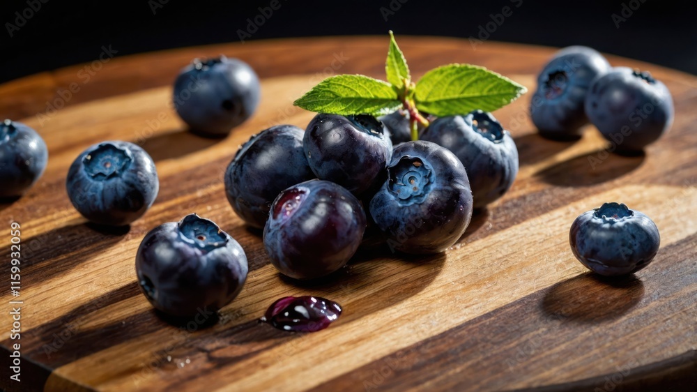 A close-up of fresh blueberries on a wooden surface, garnished with mint leaves. A close-up of fresh blueberries on a wooden surface, garnished with mint leaves.