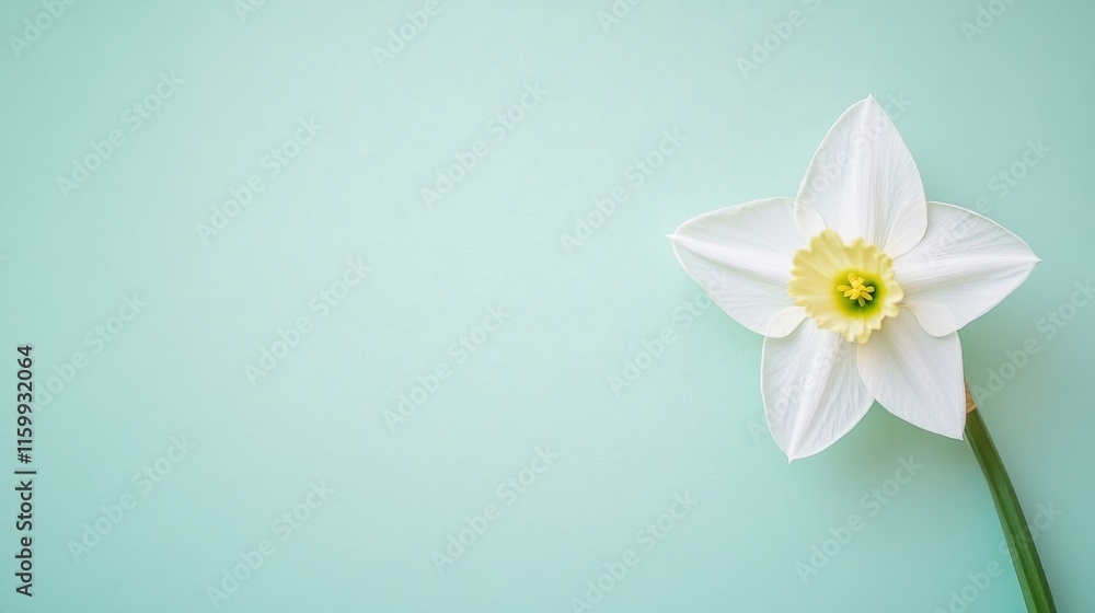 Fototapeta premium A delicate white daffodil against a pastel mint green background, top-down view, Minimalist style