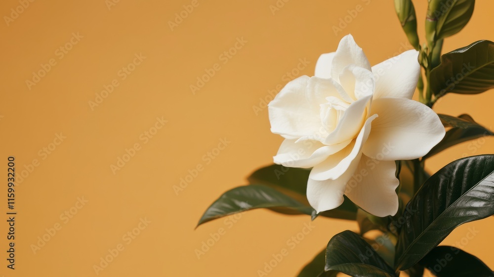A delicate white gardenia against a warm honey background, close-up side angle, Minimalist style A delicate white gardenia against a warm honey background, close-up side angle, Minimalist style
