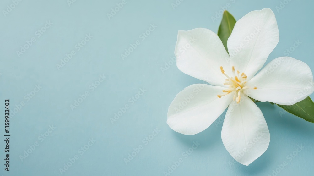 A delicate white jasmine flower against a soft teal background, close-up shot, Minimalist style A delicate white jasmine flower against a soft teal background, close-up shot, Minimalist style