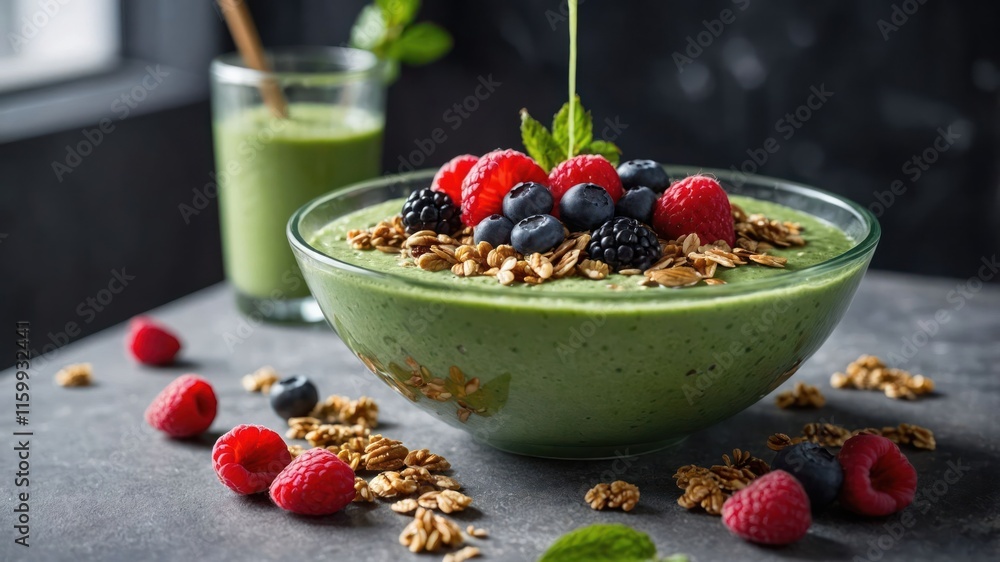 A vibrant smoothie bowl topped with berries and granola, showcasing healthy eating. A vibrant smoothie bowl topped with berries and granola, showcasing healthy eating.