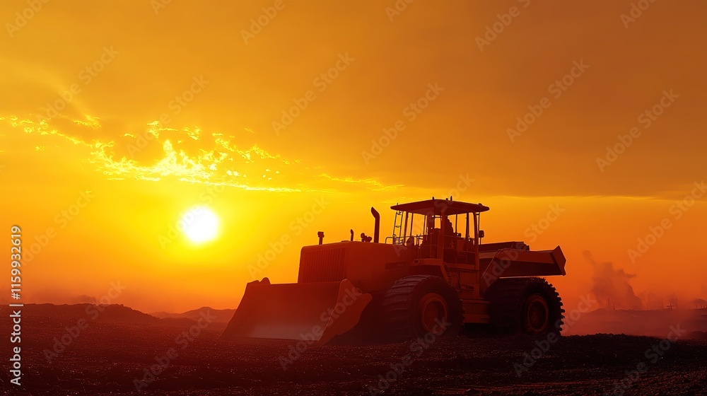 Fototapeta premium Bulldozer construction vehicle silhouette illustration, chaotic, Ancient Egypt, Gadgetpunk, landscape, Aurora australis lighting, very realistic, fantasy