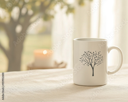 Wallpaper Mural A white mug with the tree of life design is placed on an elegant table in front of a window, overlooking nature.  The scene is peaceful and tranquil, perfect for meditation or relaxation. Torontodigital.ca