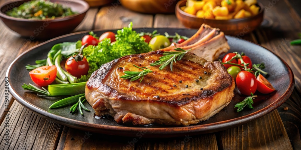 Pan-seared pork chops on the bone with crispy exterior and juicy interior served on a plate with a side of vegetables, pork chops on the bone, pan fried pork chops Pan-seared pork chops on the bone with crispy exterior and juicy interior served on a plate with a side of vegetables, pork chops on the bone, pan fried pork chops