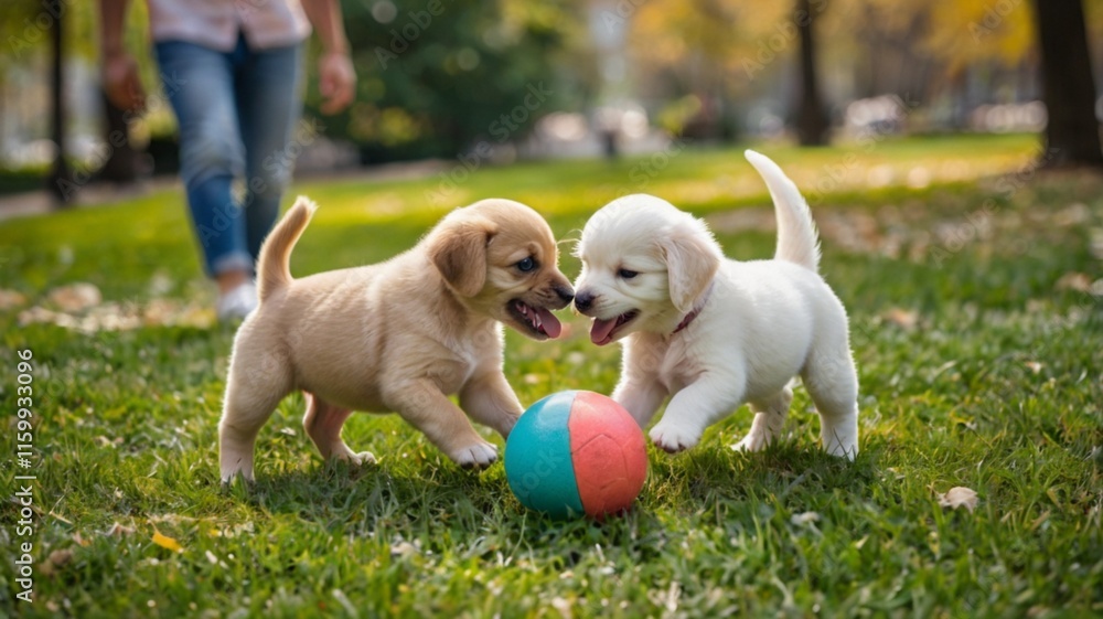 The dogs are playing ball in the park The dogs are playing ball in the park