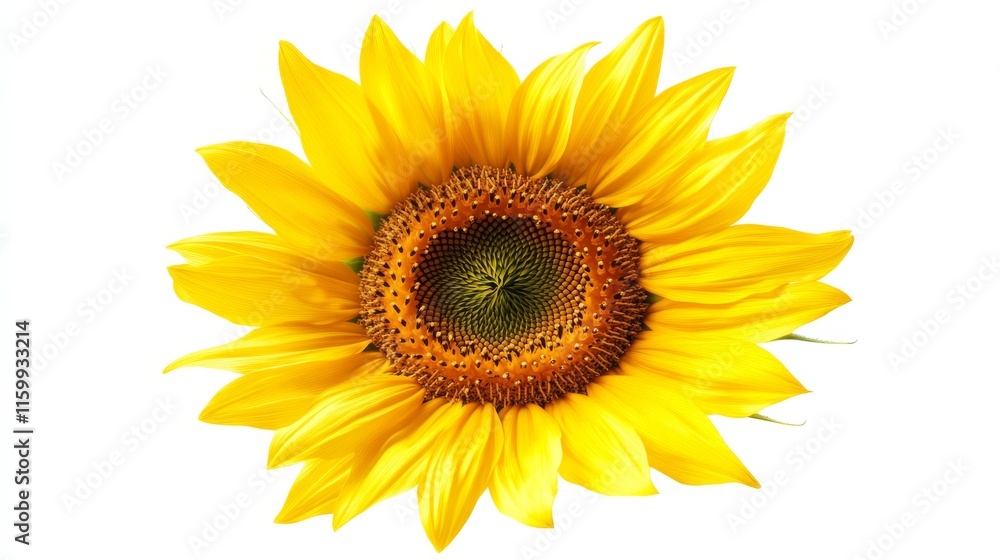 Fototapeta premium A detailed shot of a blooming yellow sunflower, isolated white background, minimalistic art style