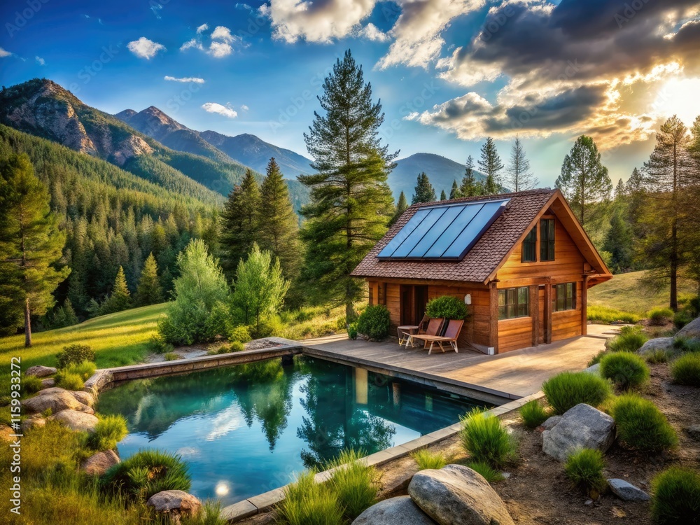 Fototapeta premium Secluded Colorado cabin: solar-powered, mountain pool, stunning pine forest views.