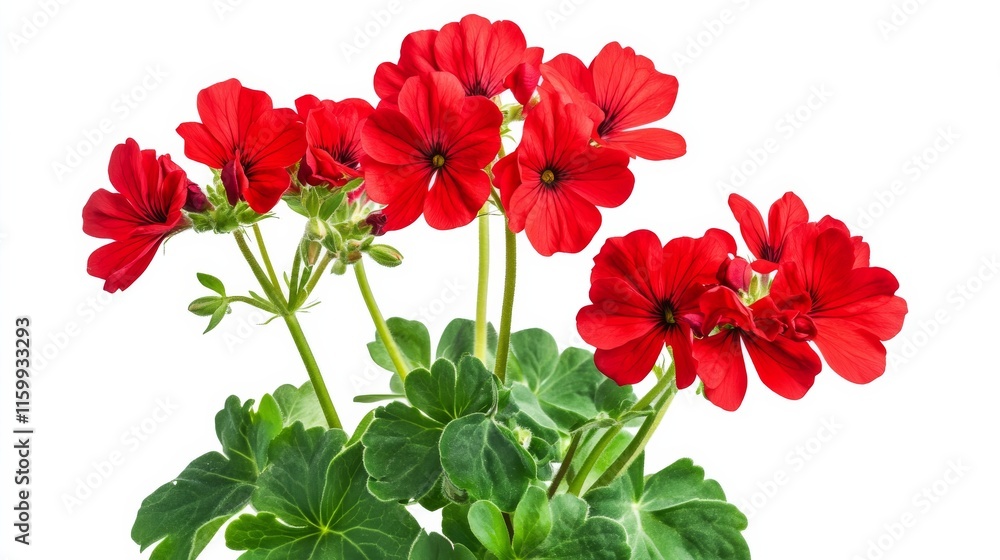 A detailed shot of a bold red geranium with multiple small blooms and lush green leaves, isolated white background, minimalistic art style A detailed shot of a bold red geranium with multiple small blooms and lush green leaves, isolated white background, minimalistic art style