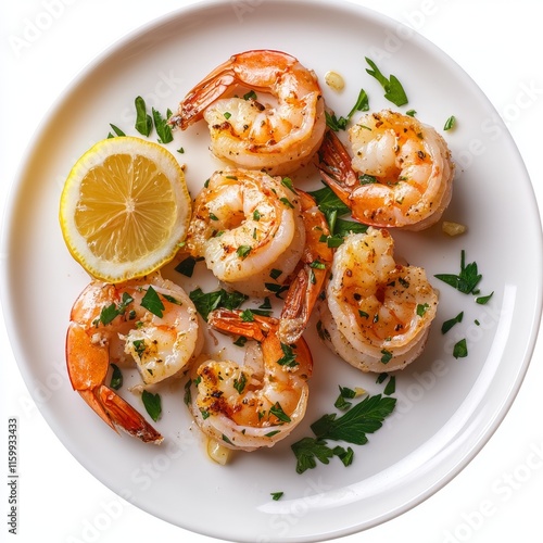 Delicious grilled shrimps with lemon and parsley on a white plate.