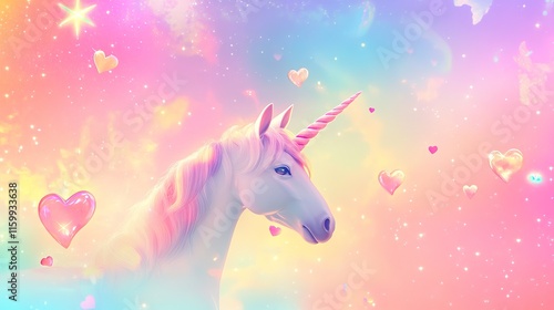 Delicate and cute sweet 3D heart gradient. Abstract Happy Valentine's Day Banner in Greeting Card. Rainbow unicorn fantasy background with stars and hearts. Holographic illustration in pastel colors.