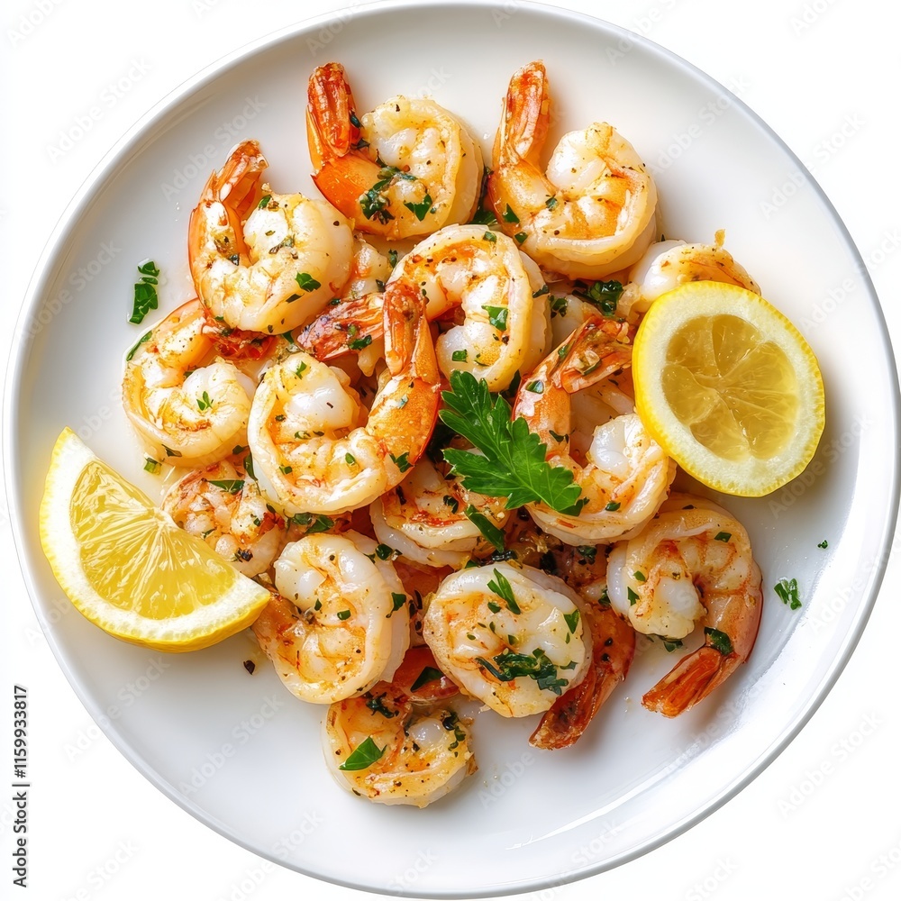 Delicious sauteed shrimp with lemon and parsley on a white plate. Delicious sauteed shrimp with lemon and parsley on a white plate.