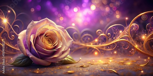 Softly glowing rose petal surrounded by vibrant purple abstract swirls and intricate golden filigree patterns, rose, golden accents photo