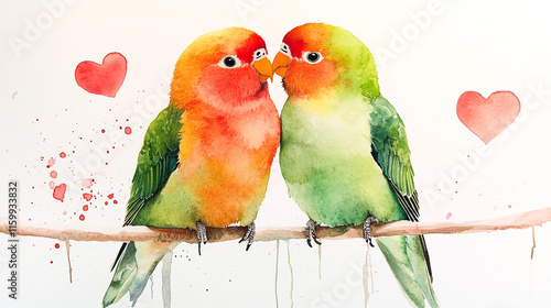 Lovebirds expressing affection on Valentine's Day with heart motifs.  photo