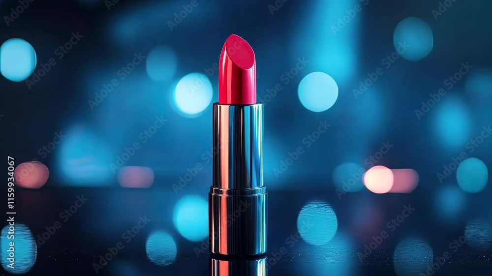 Shiny Red Lipstick on Reflective with Vibrant Bokeh Lights for Beauty and Makeup Shiny Red Lipstick on Reflective with Vibrant Bokeh Lights for Beauty and Makeup