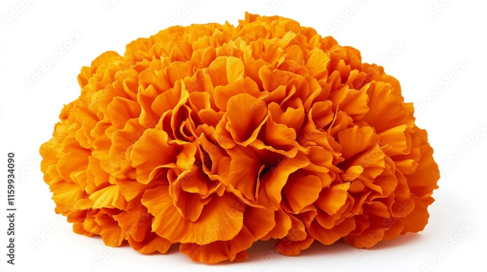 A detailed shot of a bright orange marigold with its textured, tightly packed petals and vivid color, isolated white background