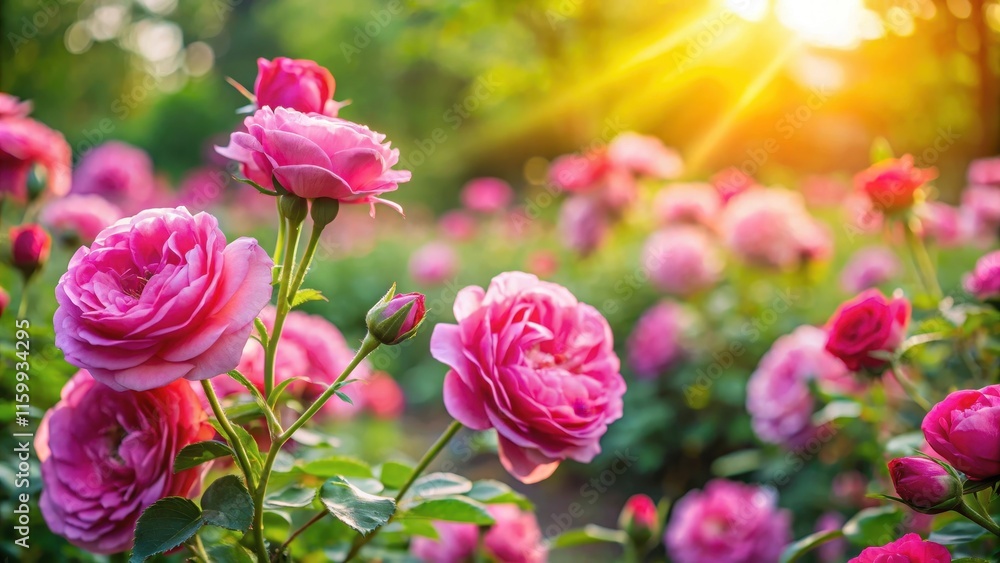 Vibrant pink roses blooming in a lush garden, with sunlight filtering through the petals, flowers, botanical, flowers Vibrant pink roses blooming in a lush garden, with sunlight filtering through the petals, flowers, botanical, flowers