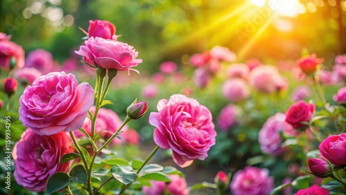 Wallpaper Mural Vibrant pink roses blooming in a lush garden, with sunlight filtering through the petals, flowers, botanical,  flowers Torontodigital.ca