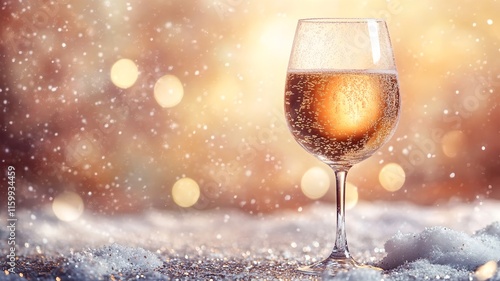 Sparkling Wine Glass with Glittering Snow on Wooden Table in Festive Holiday Setting