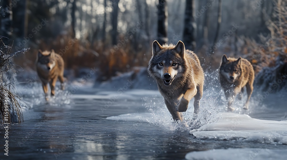 Majestic Wolves in Winter Wonderland: A Thrilling Chase Across Frozen Stream Majestic Wolves in Winter Wonderland: A Thrilling Chase Across Frozen Stream