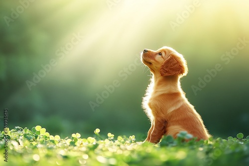 Adorable golden puppy sitting in green grass, backlit by sunlight.