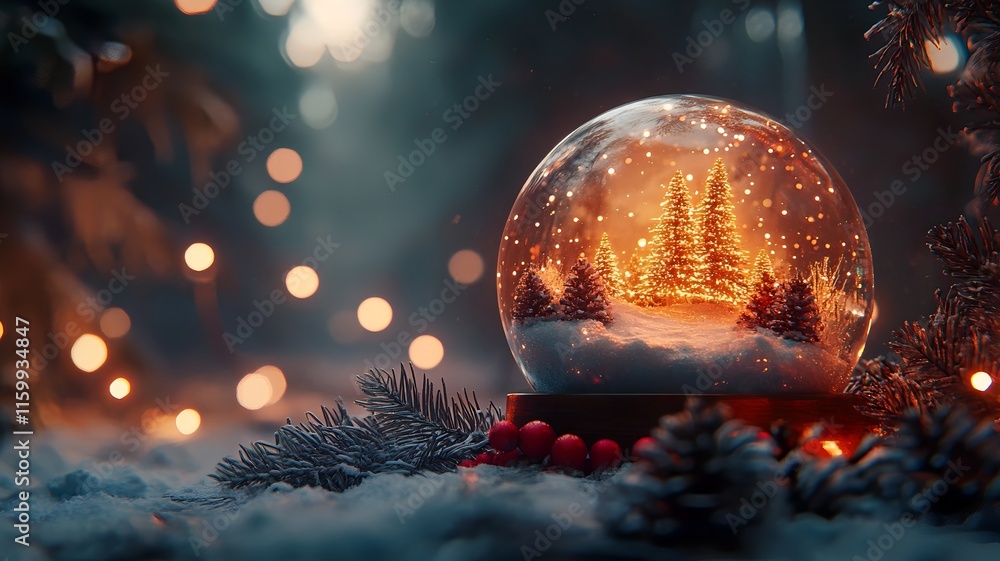 Enchanting Snowy Globe with Illuminated Evergreen Trees at Twilight Enchanting Snowy Globe with Illuminated Evergreen Trees at Twilight