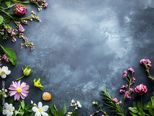 Botanical Flowers Arranged on Blue Textured Surface for a Floral Display : Generative AI