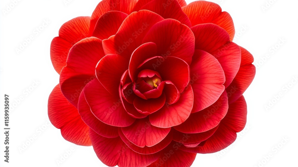 A detailed shot of a bright red camellia with multiple layers of smooth petals, isolated white background, minimalistic art style A detailed shot of a bright red camellia with multiple layers of smooth petals, isolated white background, minimalistic art style