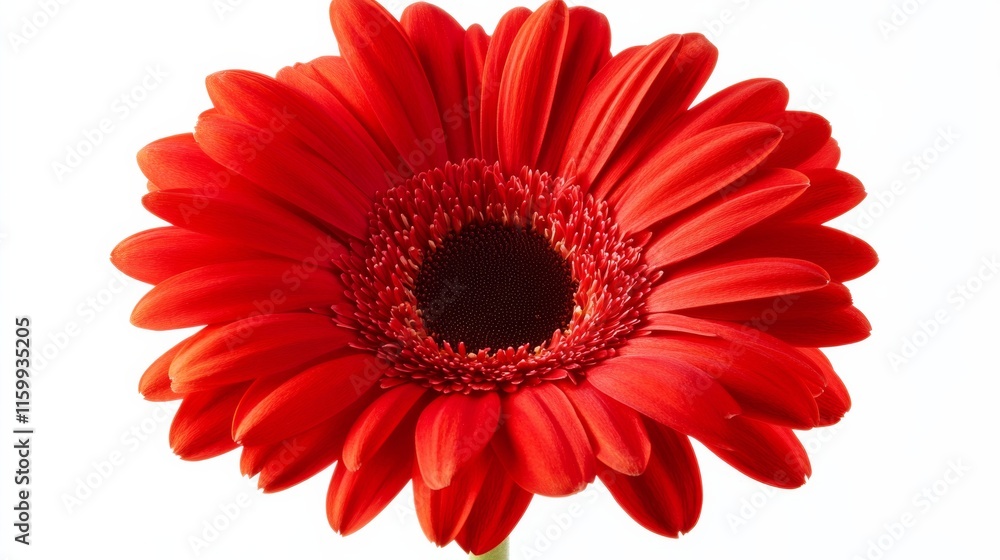 A detailed shot of a bright red gerbera daisy with its large, radiating petals and vivid hue, isolated white background A detailed shot of a bright red gerbera daisy with its large, radiating petals and vivid hue, isolated white background