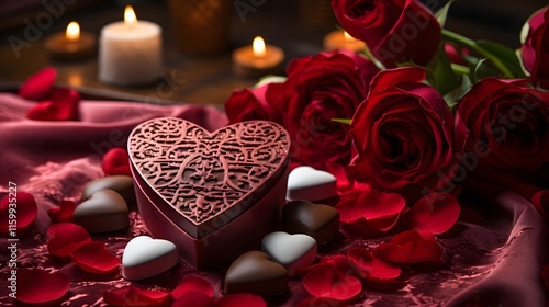 Sweet Romance: Heart-Shaped Chocolate Box on Red Velvet with Scattered Rose Petals