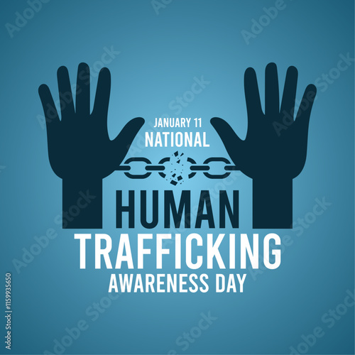 National human trafficking awareness day. Silhouette of hand with broken chain. January 11. Gradient blue background. Poster, banner, card, background.