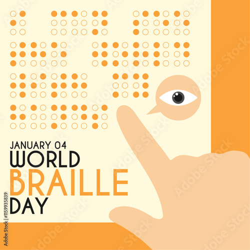 World braille day. Vector illustration of a hand fingering a book with a braille alphabet. Hand icon with eye. World icon. Flat design vector illustration. January 04. Poster or banner.