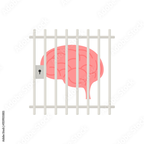 Vector illustration of a brain in a prison cell. Introverted brain in a cell. Flat design.