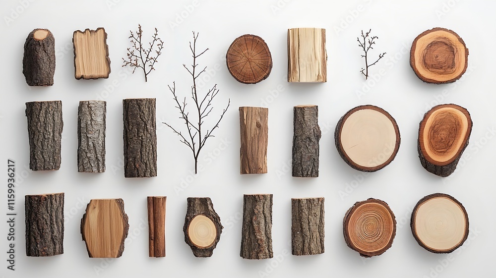 Assorted Wooden Textures and Natural Elements Arranged in Flat Lay Composition Assorted Wooden Textures and Natural Elements Arranged in Flat Lay Composition